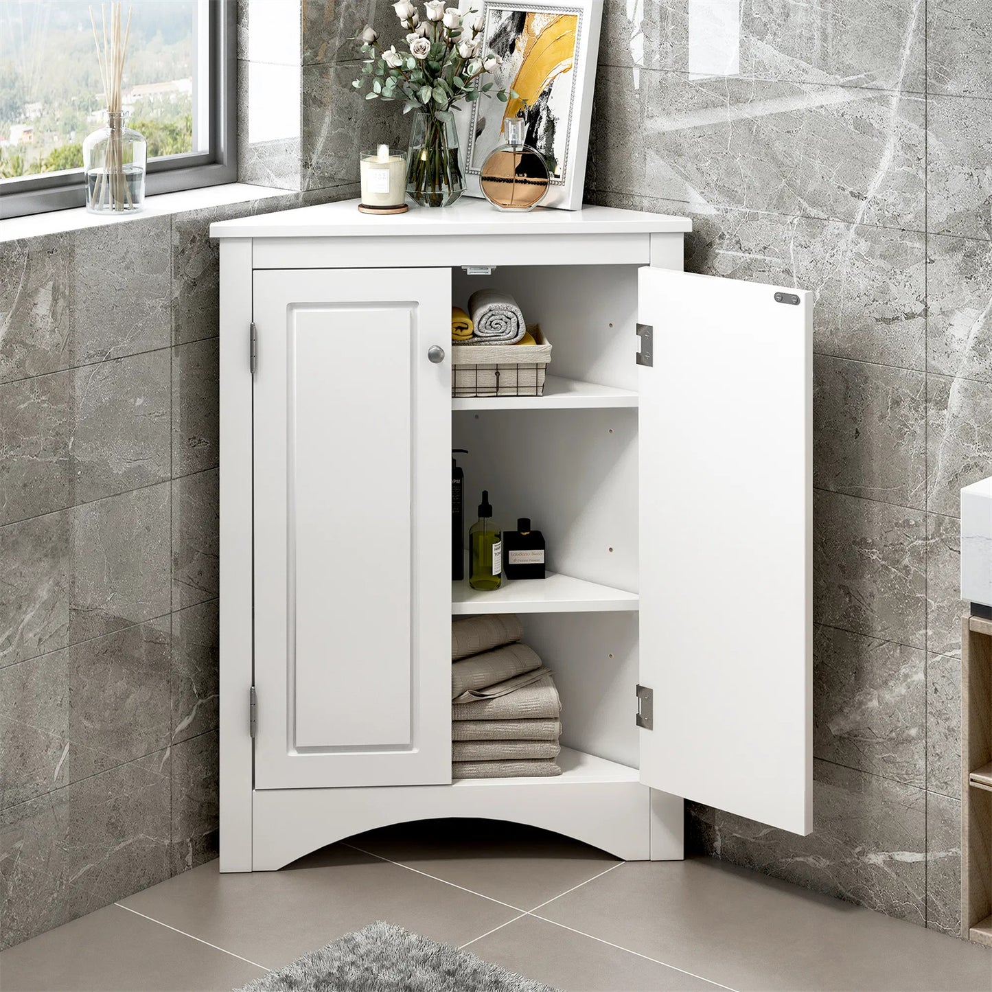 LunaLulinlk White Triangle Bathroom Storage Cabinet with Adjustable Shelves, Freestanding Floor Cabinet