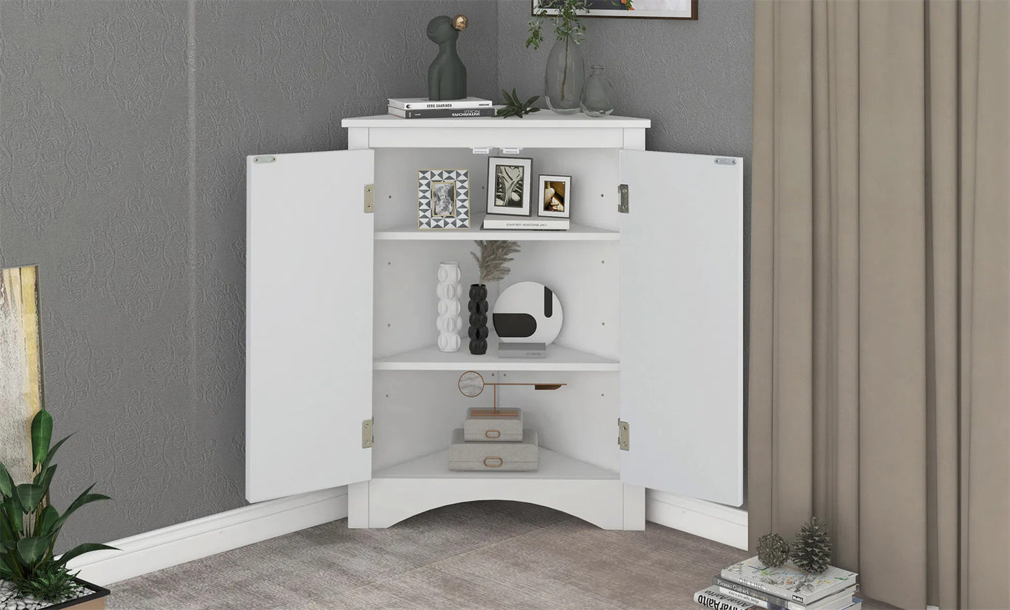 LunaLulinlk White Triangle Bathroom Storage Cabinet with Adjustable Shelves, Freestanding Floor Cabinet